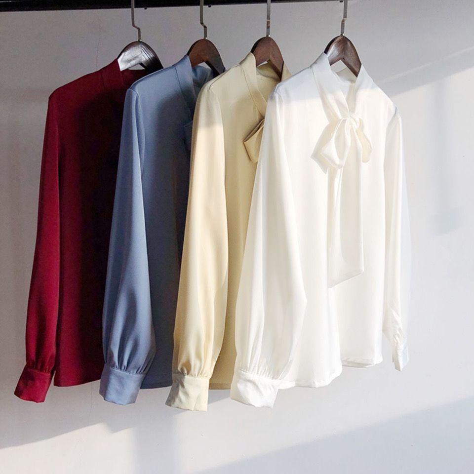 Spring and Autumn Bow Satin Shirt for Women Professional Shirt Long Sleeve Loose Top