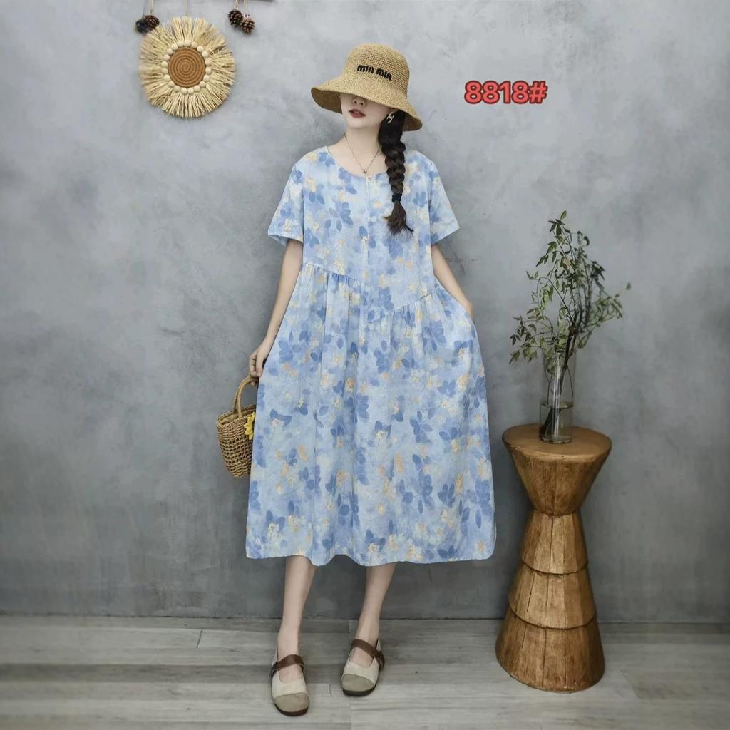 New Mori Female Pastoral Summer New Literary Large Size Fat MM Fattened Plus Printed Short-sleeved Dress