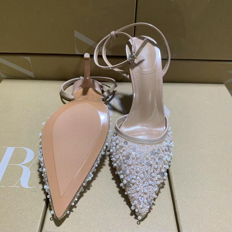 Fashion Luxury Pearls Sequined Air Mesh Women Pumps Summer Elegant Pointed toe Slingbacks Thin High heels Fashion Wedding Party Shoes
