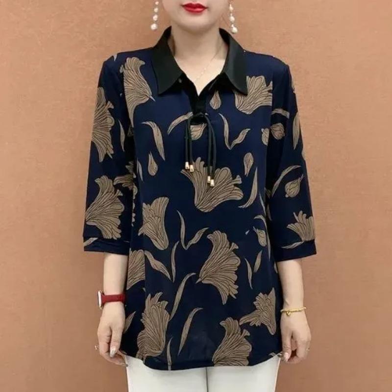 T-shirt à col chemise ample grande taille pour mères d'âge moyen et personnes âgées - Nouveau haut d'été imprimé amincissant à manches trois quarts pour femmes