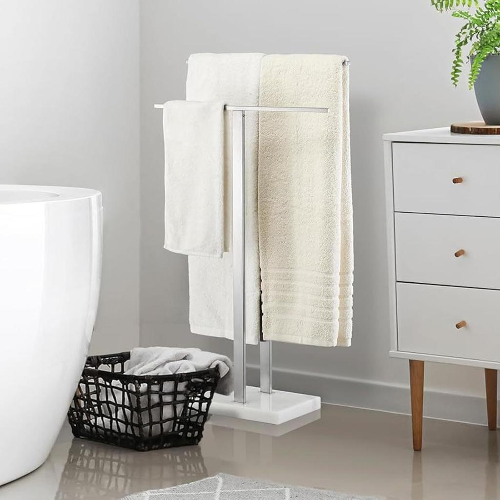 Gold,WEIDPHL Tall Standing Towel Rack, Double-T Shape Tall Bath Towel Sheet Holder with Marble Design Base, 2-Tier Towel Stand for Bathroom Floor,