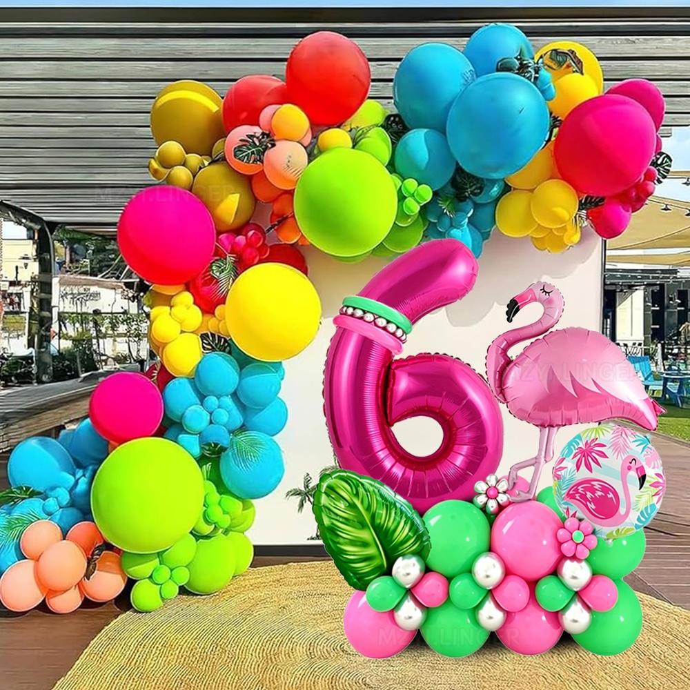 46pcs Flamingo Hawaii Theme Balloon Set Rose Red Digital Balloon 0-9 Leaf Balloon for Birthday Party Anniversary Decoration