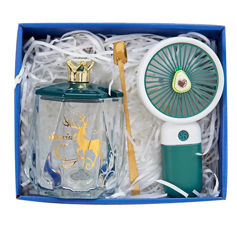 Ru Han Kids Glass Cup with Rechargeable Fan Gift Set, Dark Green (2-Pack)