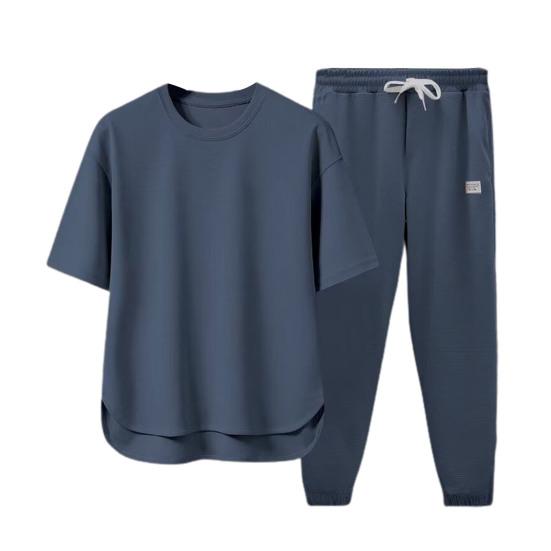 

Мужской летний спортивный костюм из 2 шт./компл., футболка с коротким рукавом и эластичным шнурком на талии, широкие длинные спортивные штаны, комплект, однотонный повседневный наряд M серый