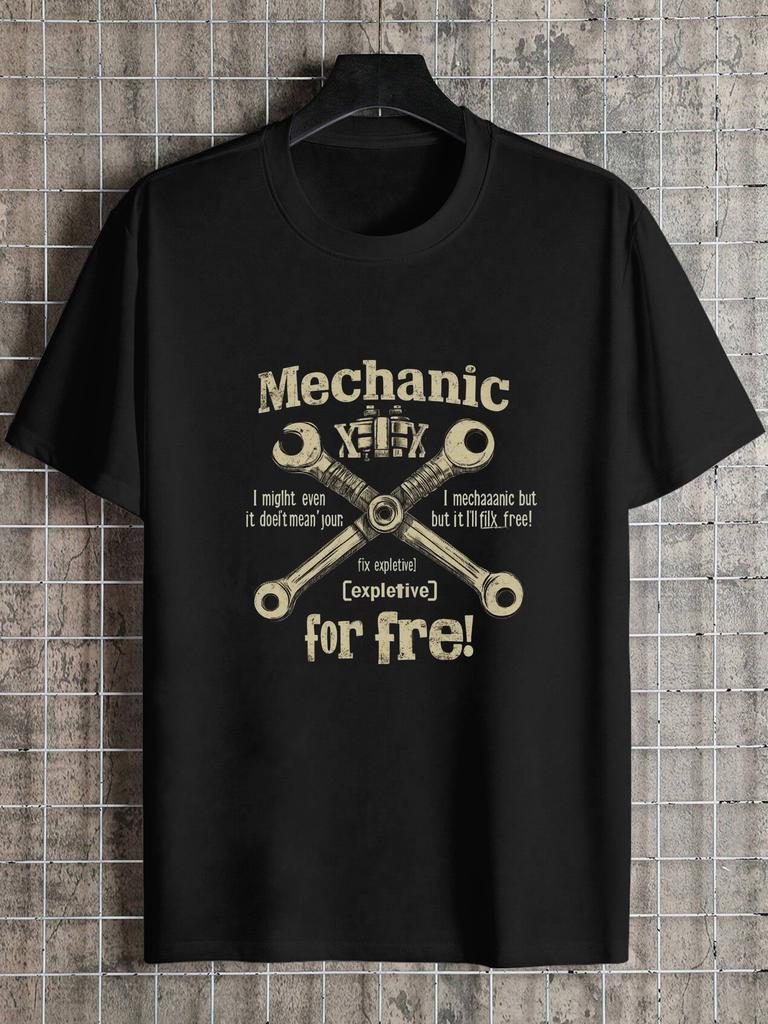 1pc Mechanic Bold Distressed Graphic T-shirt - 180g Cotton Crew Neck Short Sleeve Tee with Crossed Wrenches & Humorous Slogan Print