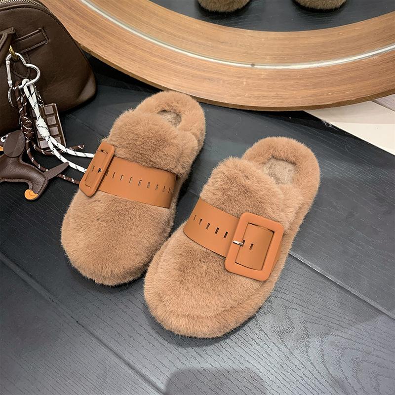 Thick-soled Fluffy Slippers for Women To Wear In Autumn and Winter 2025, New Muffin Half-slippers, High-end Cotton Slippers