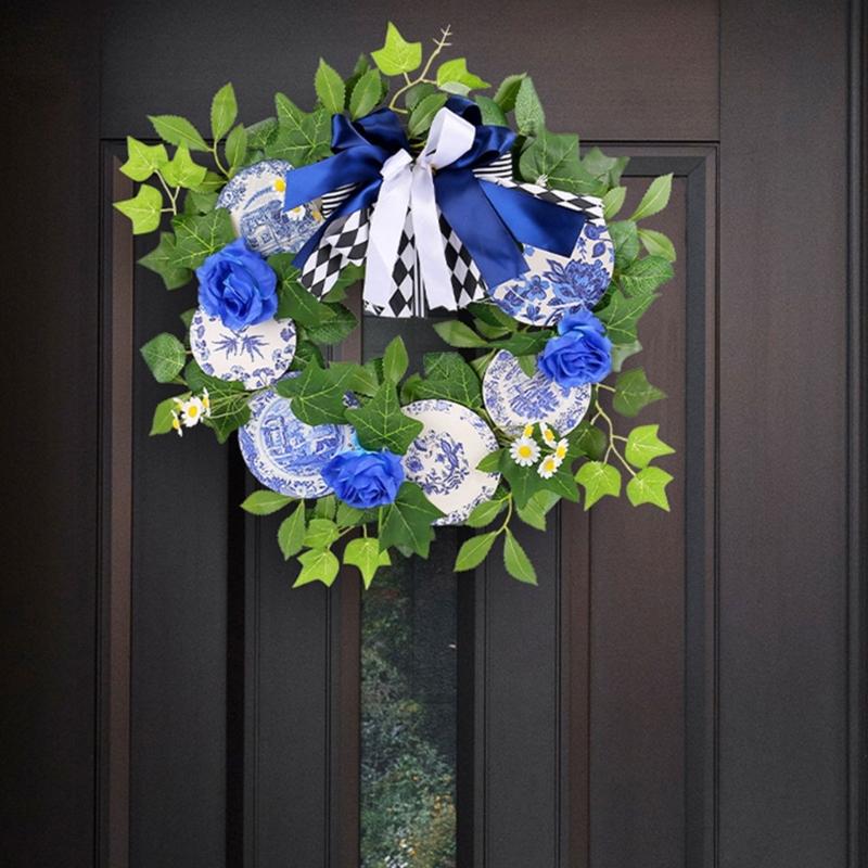 Wooden Plaques Blue and White Porcelain Pattern Wreath Outdoor Courtyard Party Decorations Garlands for Wall Door Window