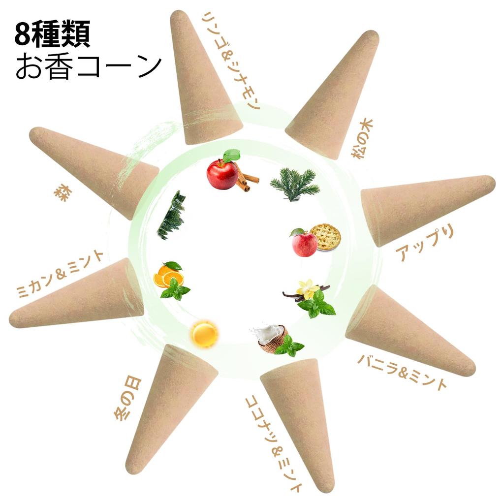 FIRIK Incense Assorted Scented Aroma Scented Cone Gift Vanilla Mint Coconut Winter Tangerine Apple Pine 8 15 Pieces of Each Cones, Cones, Scents, Set,