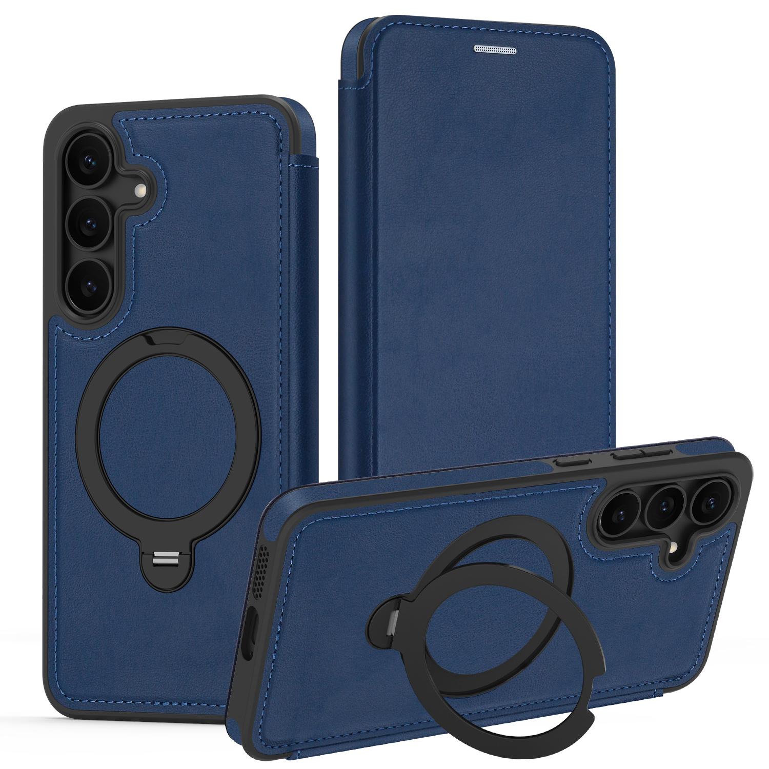

For Samsung Galaxy S25 FE Magnetic Case RFID Blocking Leather Wallet Cover with Rotating Ring Kickstand