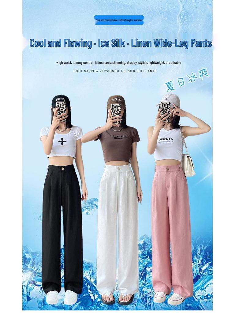 2026 Summer Women's High-Waisted Linen Wide-Leg Pants - Ice Silk Cotton Blend, Lightweight and Casual.