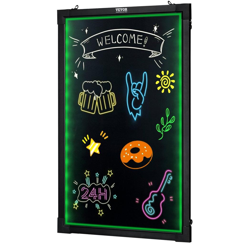 LED Message Writing Board, 24 X 16 Inch Illuminated Erasable Chalkboard, Neon Effect Menu Sign, Drawing Board with 8 Fluorescent Chalk Markers and
