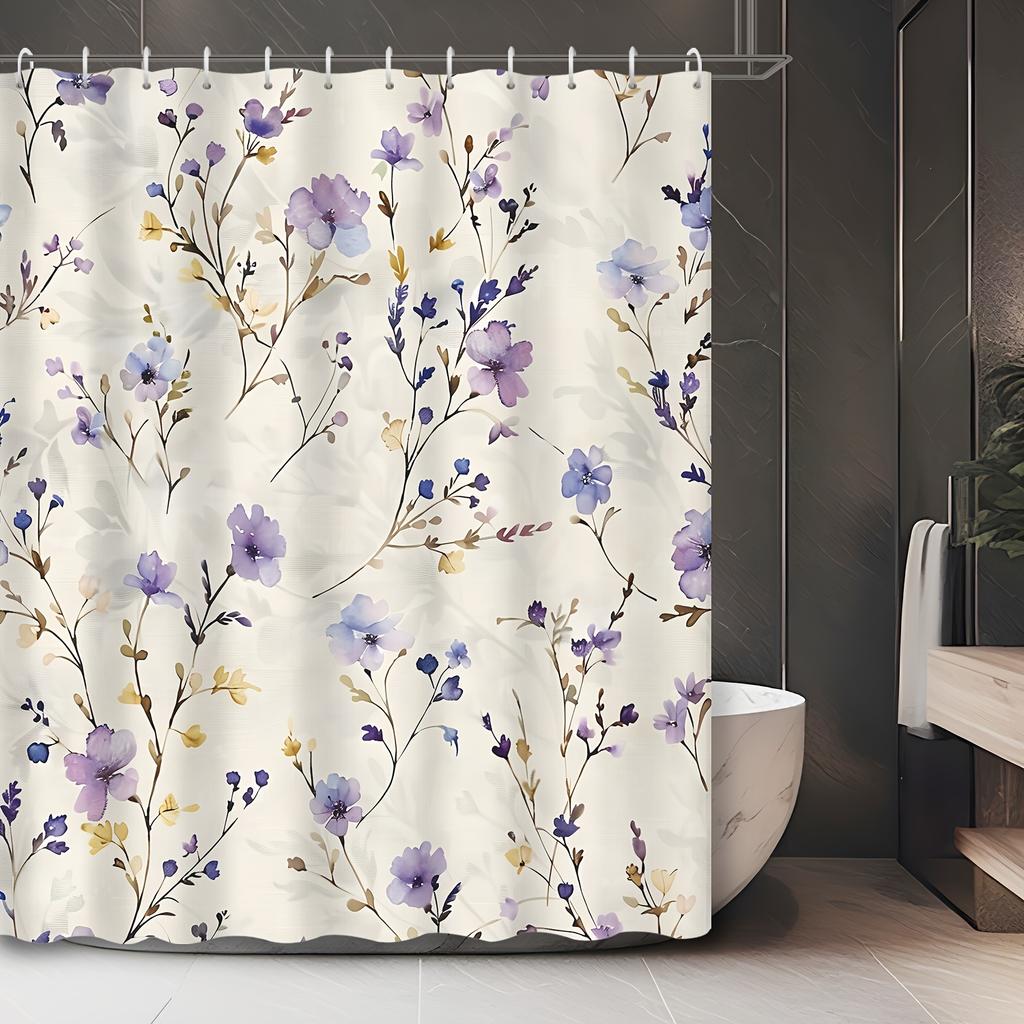 1pc Bohemian Purple Floral Shower Curtain - Vibrant Floral Pattern with Lavender, Yellow and Blue Flowers, Machine Washable
