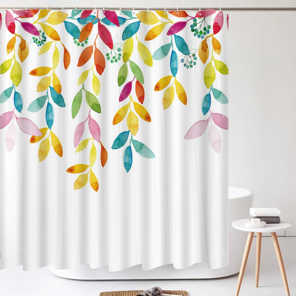 Green Leaves Plant Flower Butterfly Shower Curtain Watercolor Floral Waterproof Fabric Bath Curtains Bathroom Accessorie Decor