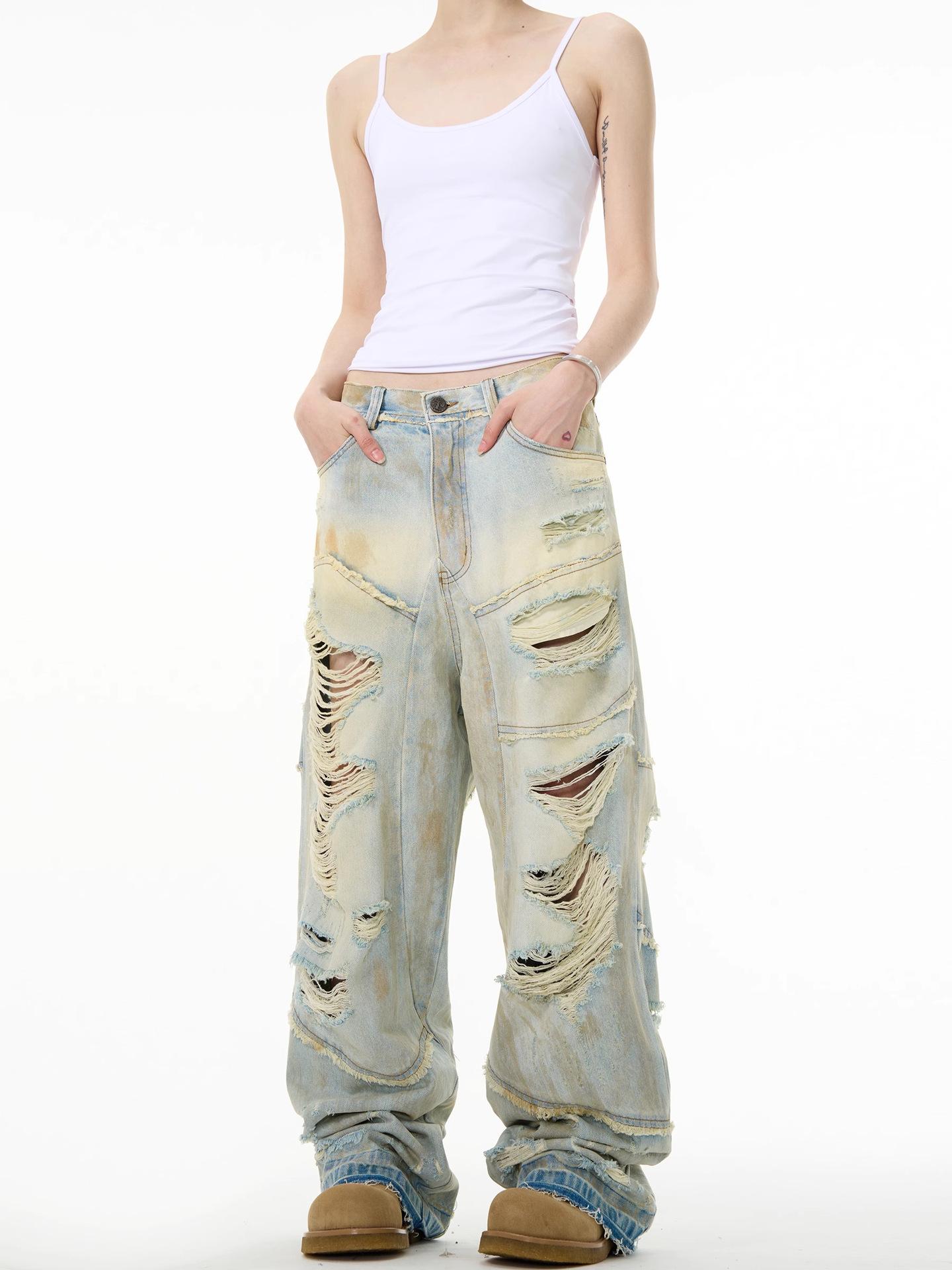 Джинсы мужские JYL Винтажные Молния Плиссированные Зауженные Уличный стиль Чистый крой Деним 2XL