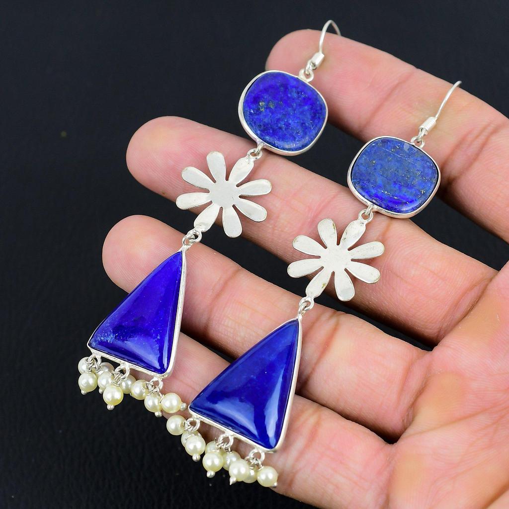 Daughters Day Deal Lapis Lazuli Stone 925 Silver Dangle Engagement Wife Earrings