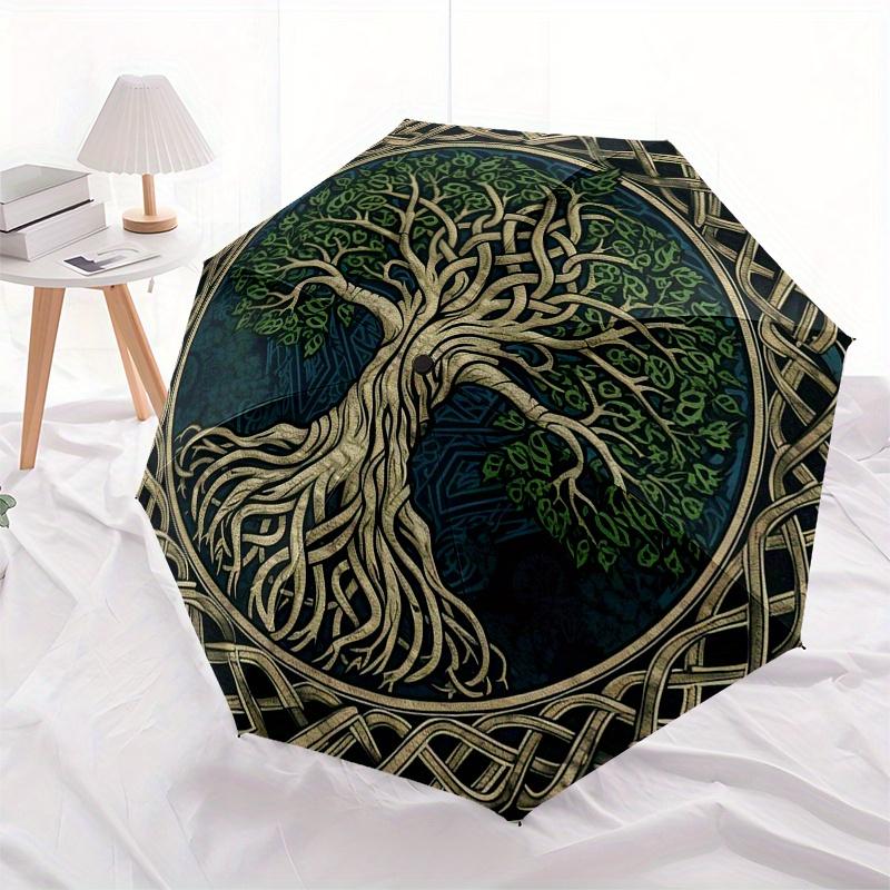 Paraguas Árbol de la Vida - Diseño de Nudo Celta con Apertura/Cierre Automático, Paraguas Plegable Compacto, Elegante Patrón de Nudo Celta en