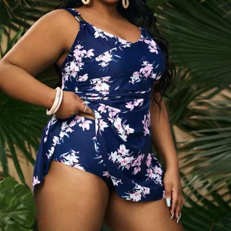 Plus Size Women Floral Tankini Tummy Control Swimwear Tank Top Retro Printed Swimsuit Two Piece Bathing Suit