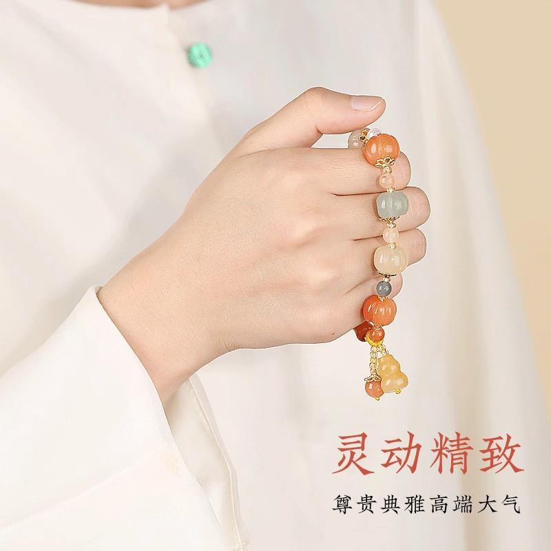 Handmade Natural Jadeite Pumpkin Bead Bracelet With Lotus Carving Ethnic Style 18 Beads 12mm Unisex Spiritual Jewelry