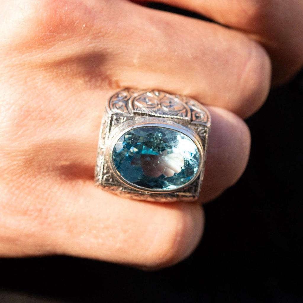 Turquoise Men's Ring with Men's Retro Jewelry Blue Gemstone Engraved Ring