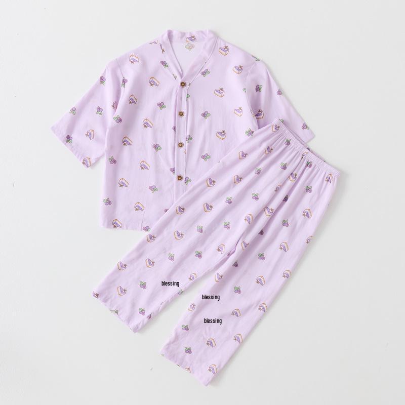 Children's Cotton Silk Pajama Set - Medium Sleeve, Long Pants, Cartoon Print, Thin, for Boys, Girls, and Babies.