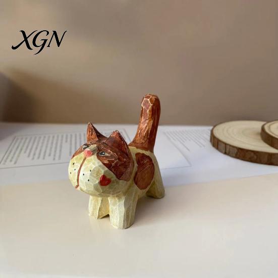 Unique Handcrafted Cat Decor Tabby Wood Figurine with Painting, Hand Carved Basswood Decorative Car Accessories Statue, Animal Art Ornament