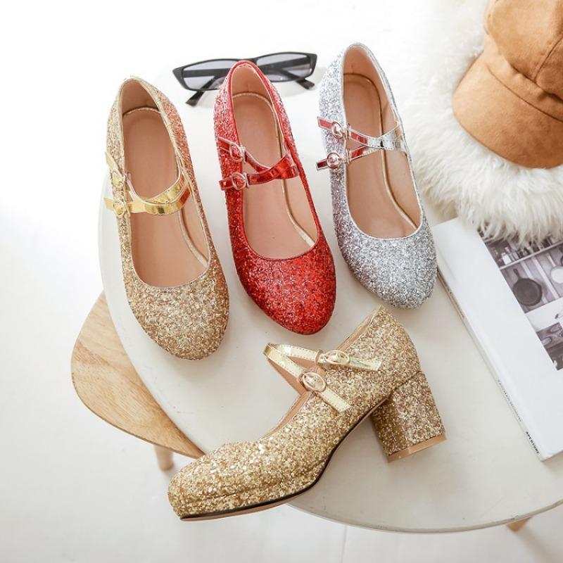 Velikost 33-43 Dámské červené třpytivé zlaté boty na vysokém podpatku, Mary Jane lodičky s dvojitým přezkovým páskem, společenské svatební