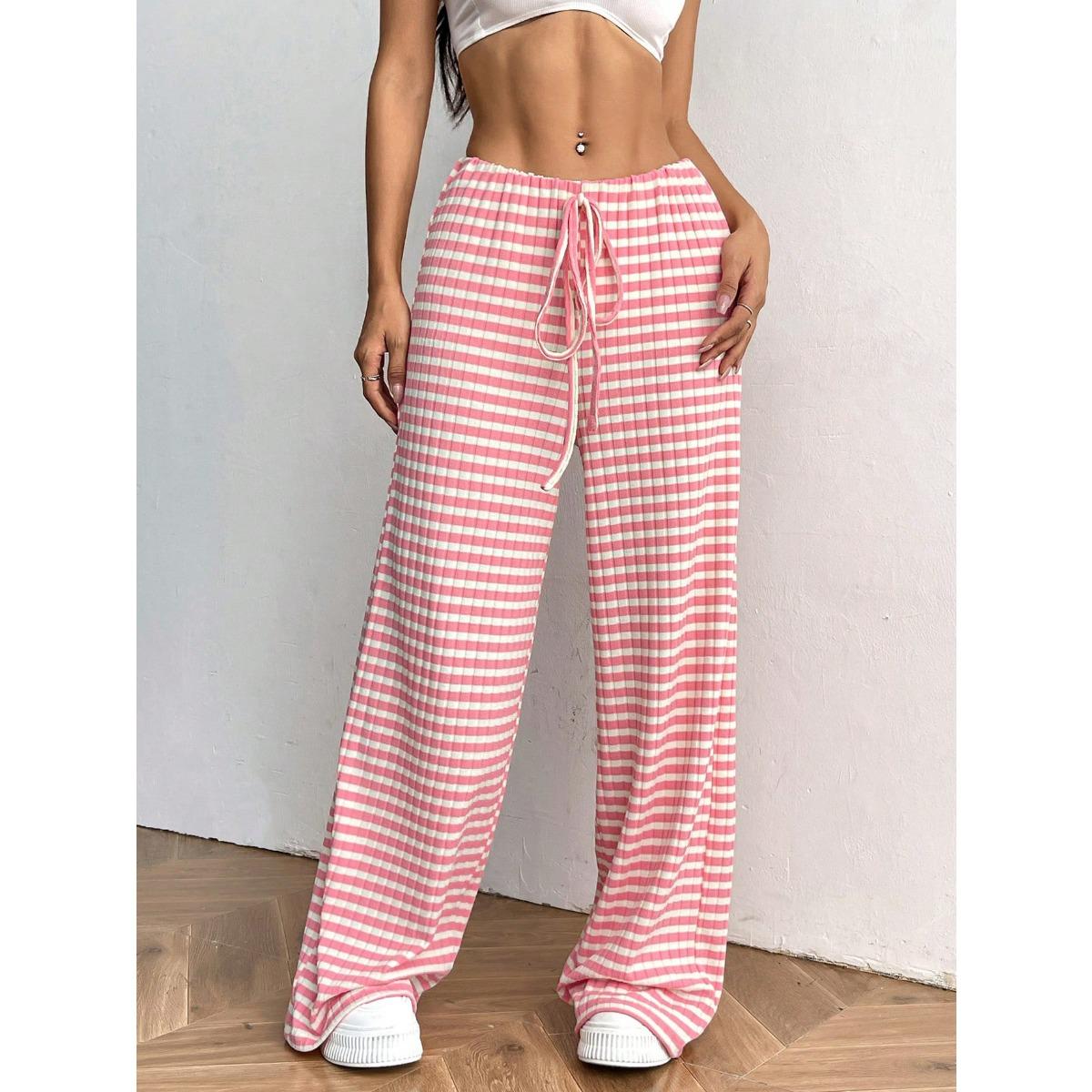 Women s Drawstring Elastic Waist Wide Leg Pants Striped Print Casual Trousers S