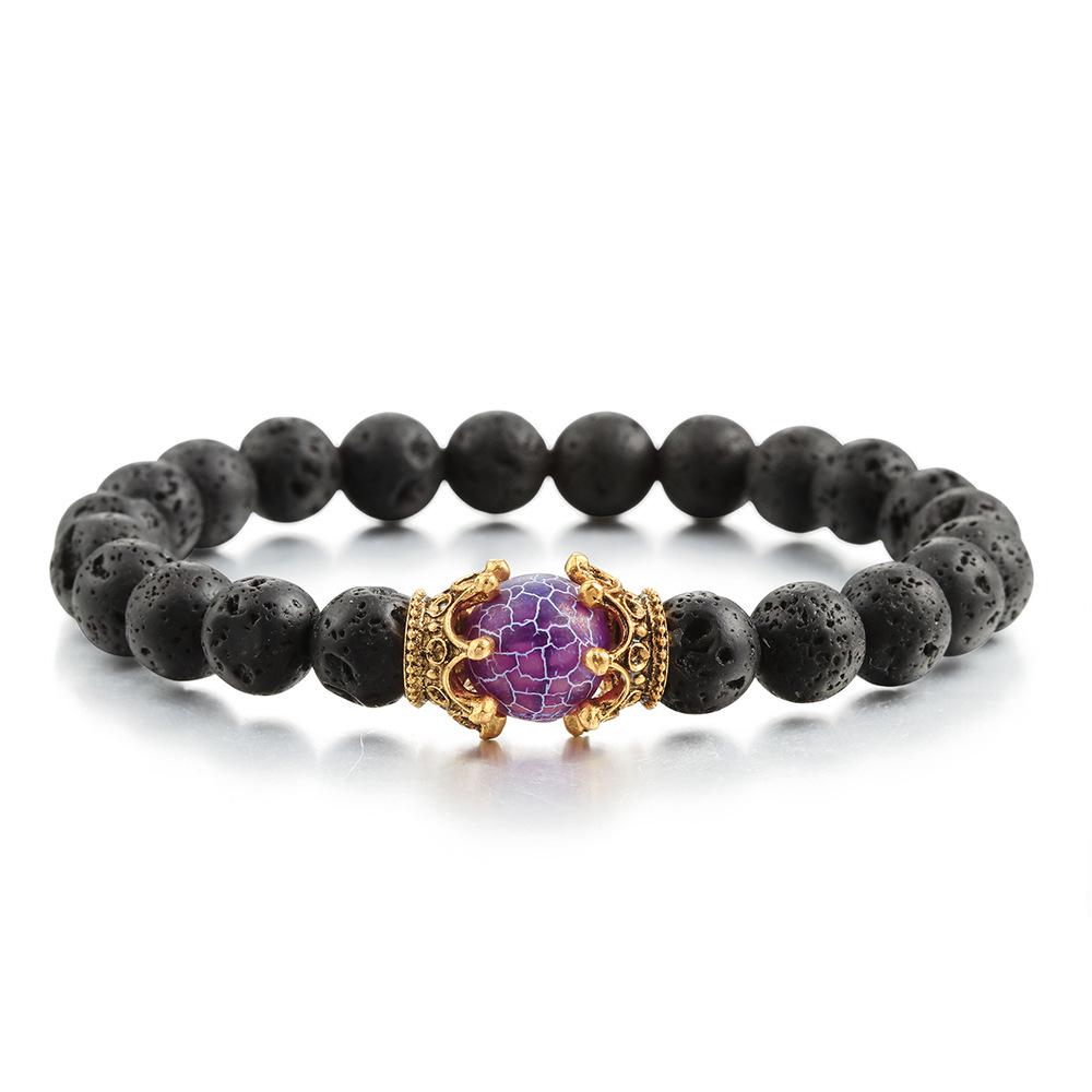Double-Sided Crown Elastic Bracelet with Volcanic Lava Stone Beads, 10mm