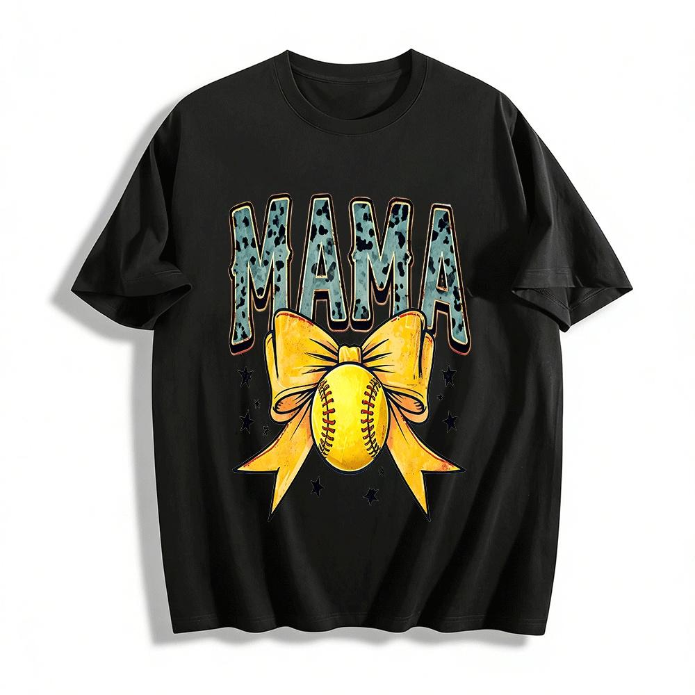 Vintage Softball Mama Bow Graphic Casual Tee Pure cotton T-shirt XXS