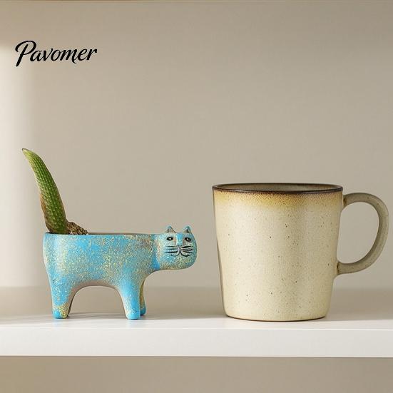 Breathable Clay Flower Pot Ceramic Cat Planter, Cute Kitty with Drainage Hole, Stable Base Planter Decorative Plant for Succulents Cactus Indoor Table