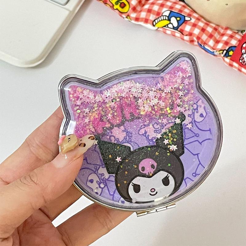Kawaii Hello Kitty Double-Sided Makeup Mirror Portable Quicksand Sequins Cartoon Girl Gift Pocket Double-Sided Makeup Mirror