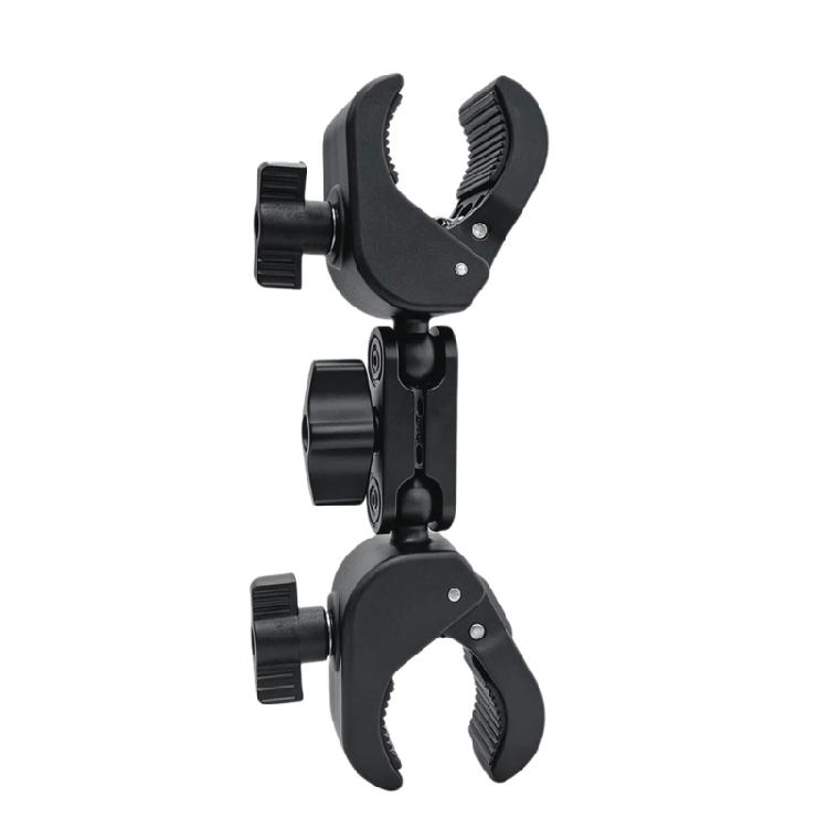 Round-Tube Camera Mounting Clamp with Locking Knobs and Side Threaded Mounts for Organized Accessory Attachment