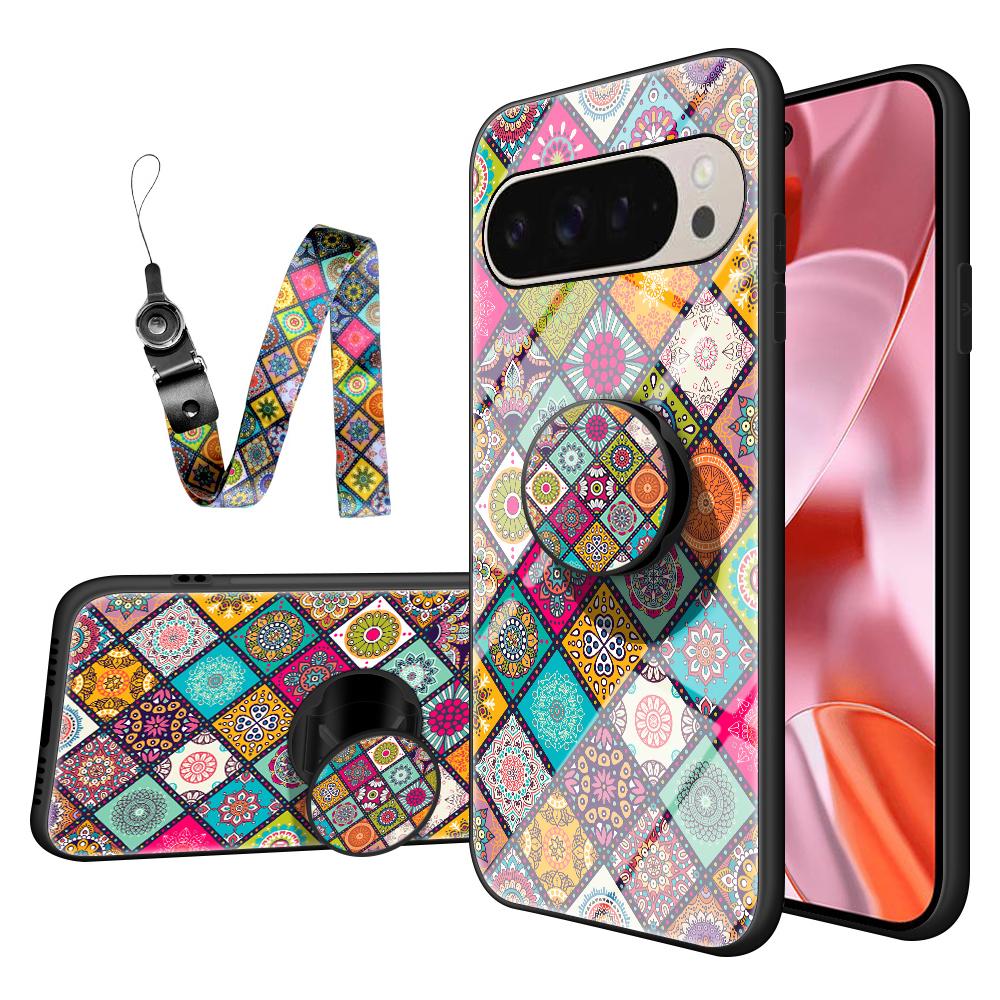 

For Google Pixel 9 Pro/9 Case Kickstand Ethnic Pattern Tempered Glass Phone Cover with Strap Checkered Pattern