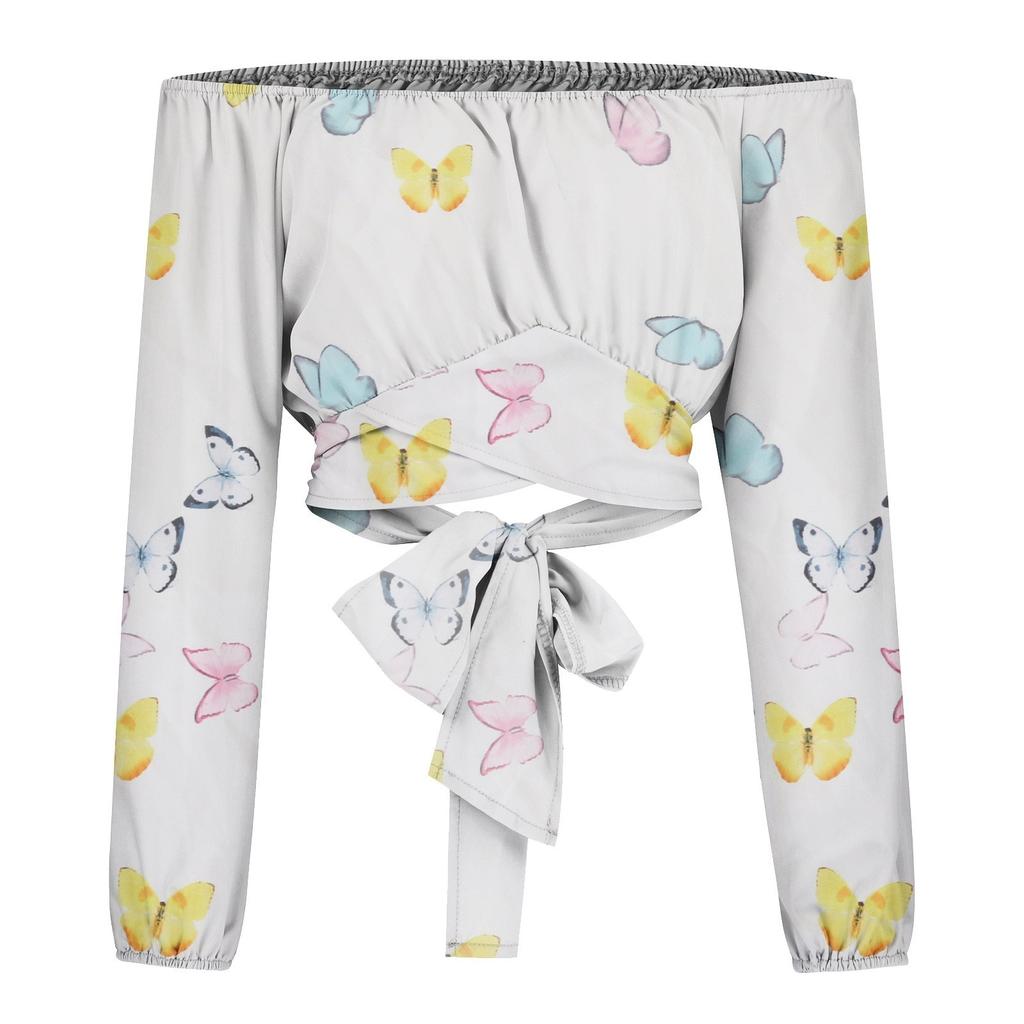 Women's Fashion Casual Summer Off Shoulder Cross Strap Long Sleeved Top