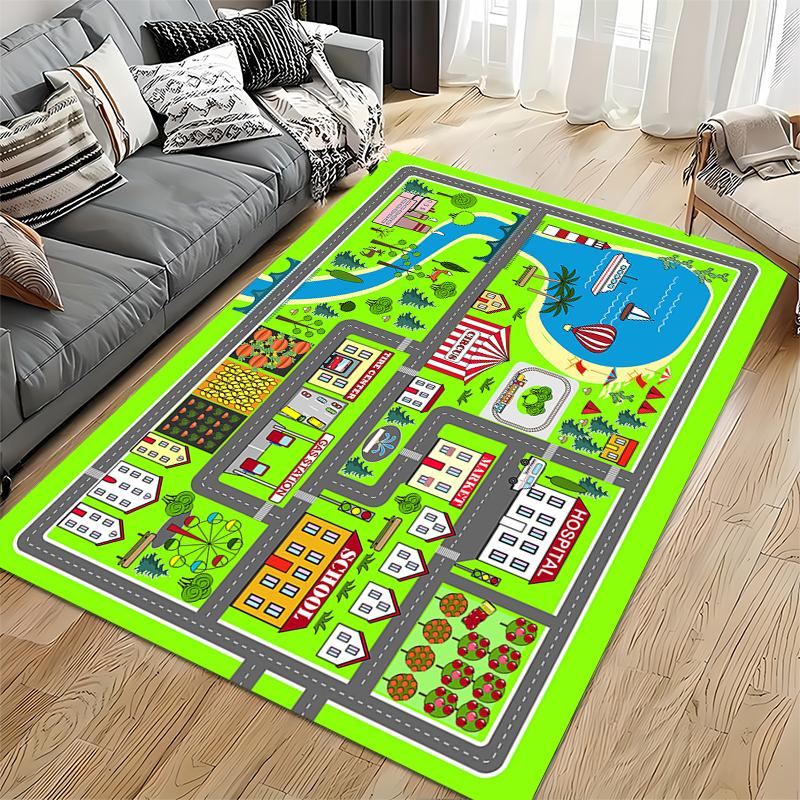 Colorful Town Map with Circus and School Non-slip Rug Suitable for Living Room and Bedroom Sofas.