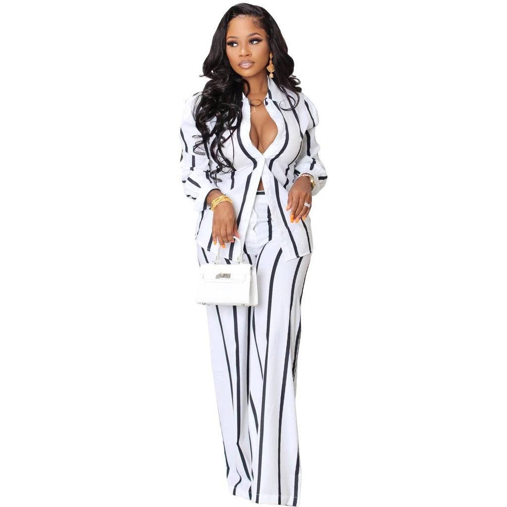 European & American Women's Striped Two-Piece Set: Long Sleeve Shirt & Pants