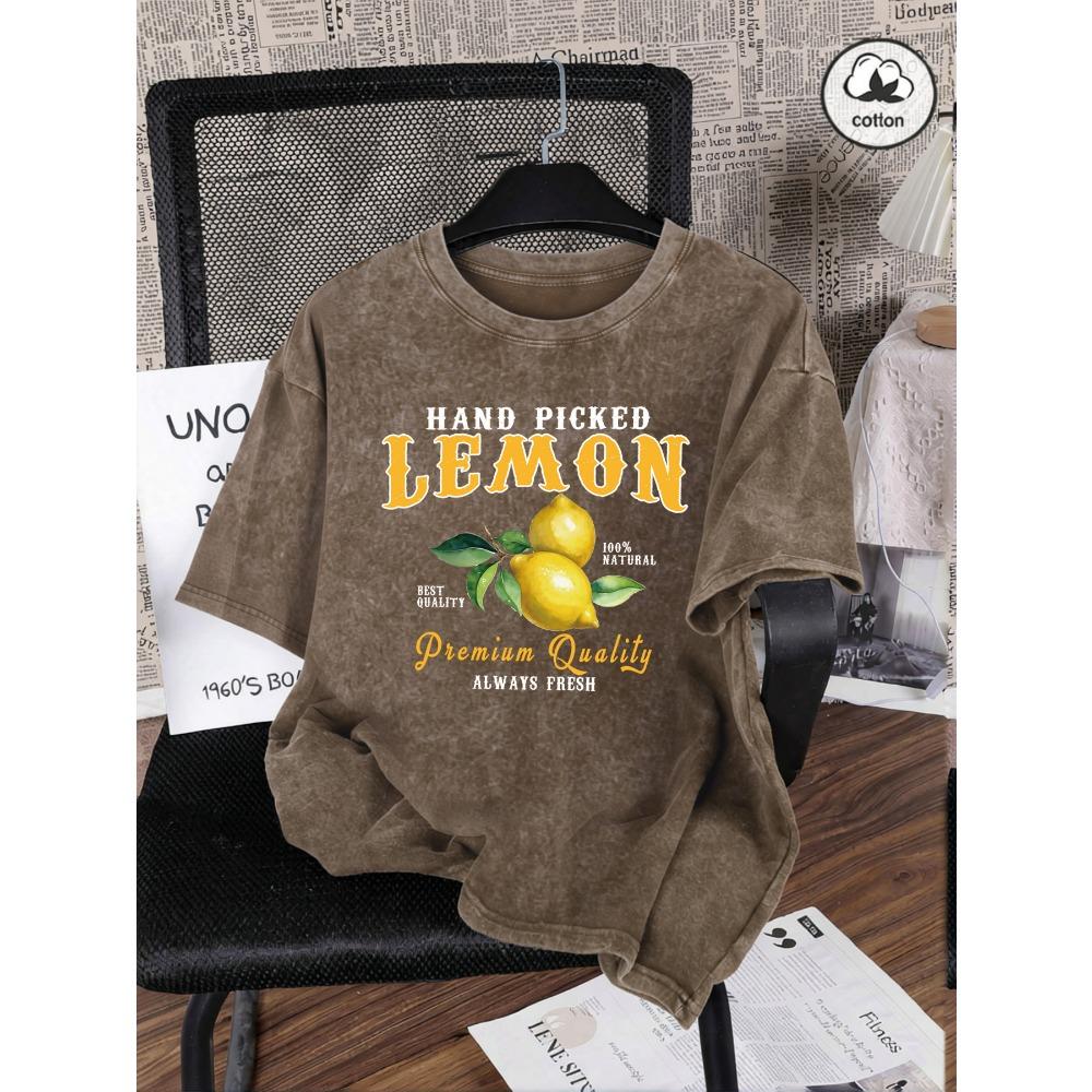 Hand Picked Lemon Always Fresh Print Washed T Shirt Women Cotton Clothes O-Neck Casual T-Shirt Loose Summer Top