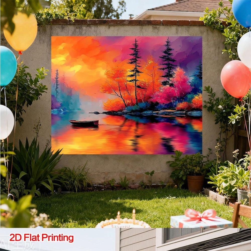 2D Flat Surface 1-piece Colored Autumn Lake Scenery Background Fabric Suitable for Studios and Rustic Farmhouses