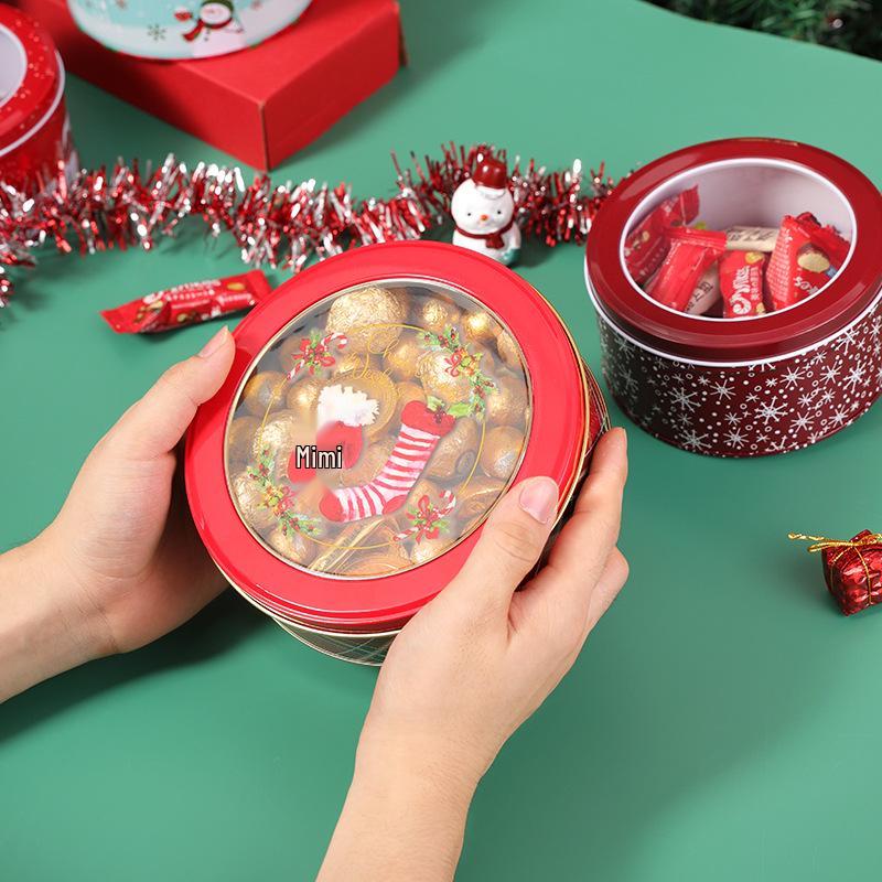 Vánoční kreslená plechová krabička: Kulatá průhledná nádoba na sušenky a cukroví pro dětské sladkosti