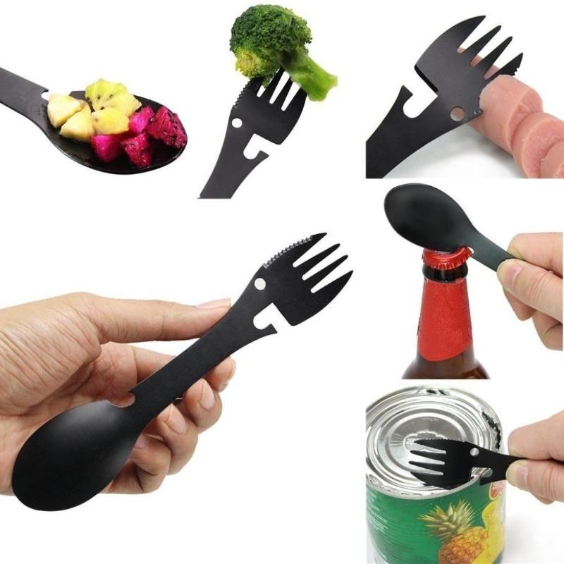 5-in-1 Camping Utensils Cutlery Stainless Steel Camping Fork Knife Spoon Bottle Opener Set Multifunctional Camping Flatware.
