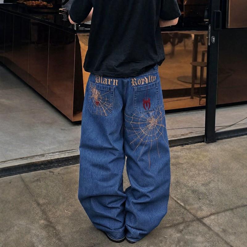Womens Loose Fit Straight Leg Jeans Spider Print Back Pockets Mid Waist Casual Denim Pants