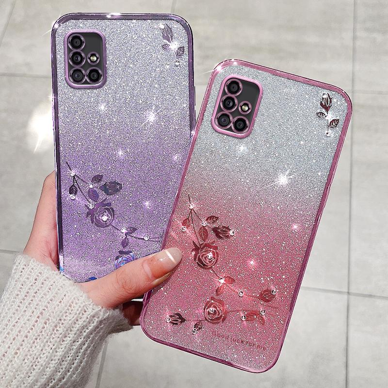 KADEM For Samsung Galaxy A51 5G SM-A516 Soft TPU Phone Case Flower Rhinestone Decor Gradient Glitter Phone Cover