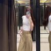 Women's Plaid Patchwork Khaki Wide-Leg Pants - Spring Loose Fit, Straight-Leg, Floor-Length