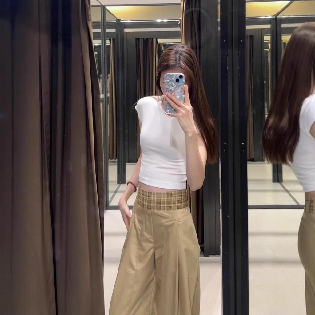 Women's Plaid Patchwork Khaki Wide-Leg Pants - Spring Loose Fit, Straight-Leg, Floor-Length