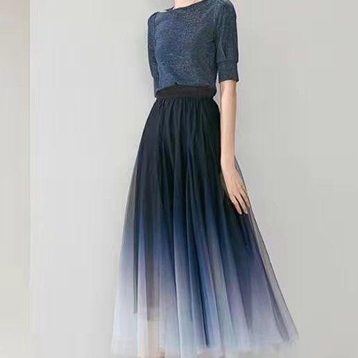 Women High Waist A-Line Mid-Length Gradient Mesh Tulle Skirt Fashion Spring Summer Half Skirt