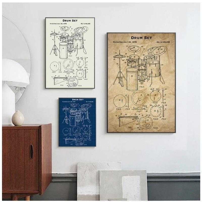 Music Instruments Patent Print Vintage Poster Drum Blueprint Retro Wall Art Canvas Painting Drummer Gift Music Studio Decor