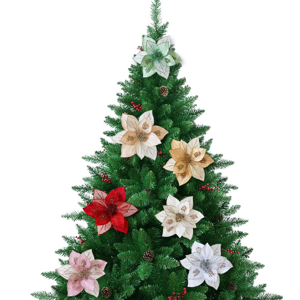 Artificial Magnolia Flowers Christmas Ornaments Glitter Decorations