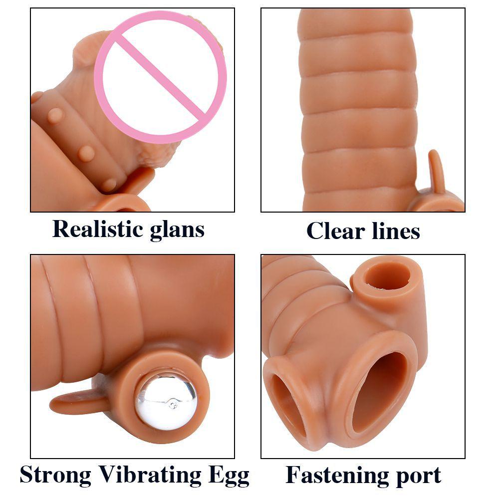 Pénis Mâle Augmentation Manches Longues Silicone Sexe Épaississement Extension Préservatif Vibration Verrouillage Anneau Fin Manches à Pointes Amusantes