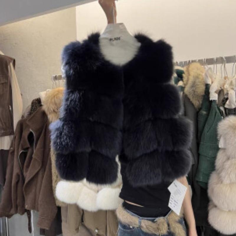 Vestă clasică cu patru pini din blană sintetică de vulpe scurtă, simplă, versatilă, stil străin, haină de damă la modă, versatilă