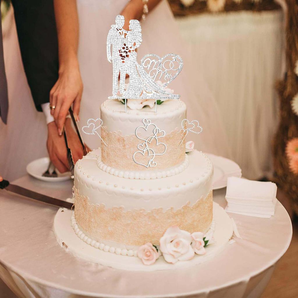 Silver Rhinestone Metal Love Wedding Cake Topper Mr and Mrs Cake Topper  Anniversary Cake Topper Heart Cake Topper for Wedding